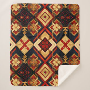 Geometric Elegance Seamless Pattern Red Gold Black Sherpa Blanket