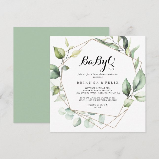 Geometric Elegant Gold BabyQ Baby Shower Barbecue Invitation (Front/Back)