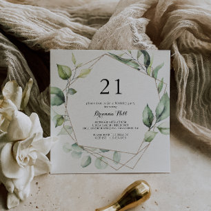 Geometric Elegant Gold Green 21st Birthday Party Invitation