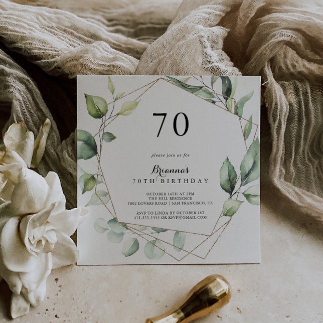 Geometric Elegant Gold Green 70th Birthday Party Invitation (Creator Uploaded)
