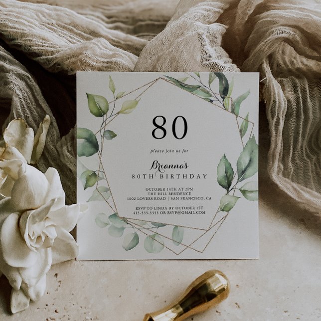 Geometric Elegant Gold Green 80th Birthday Party Invitation (Creator Uploaded)