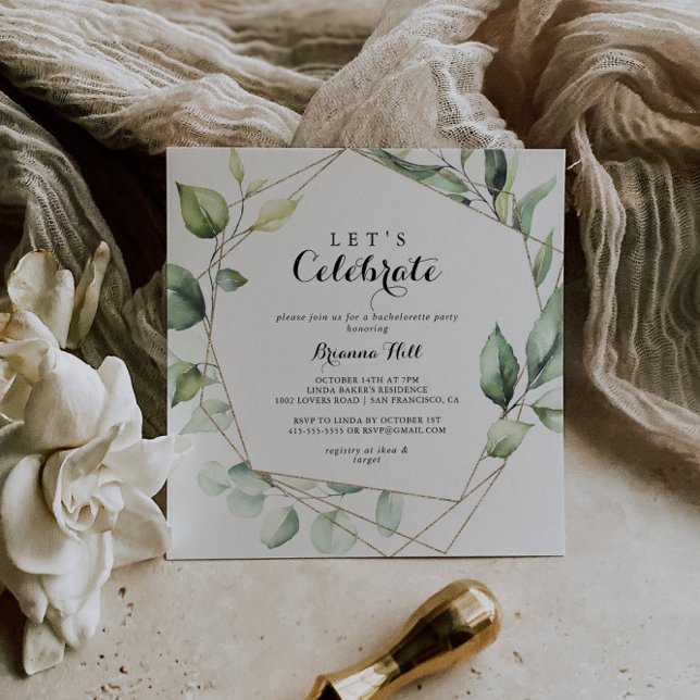 Geometric Elegant Gold Green Let's Celebrate Party Invitation (Creator Uploaded)