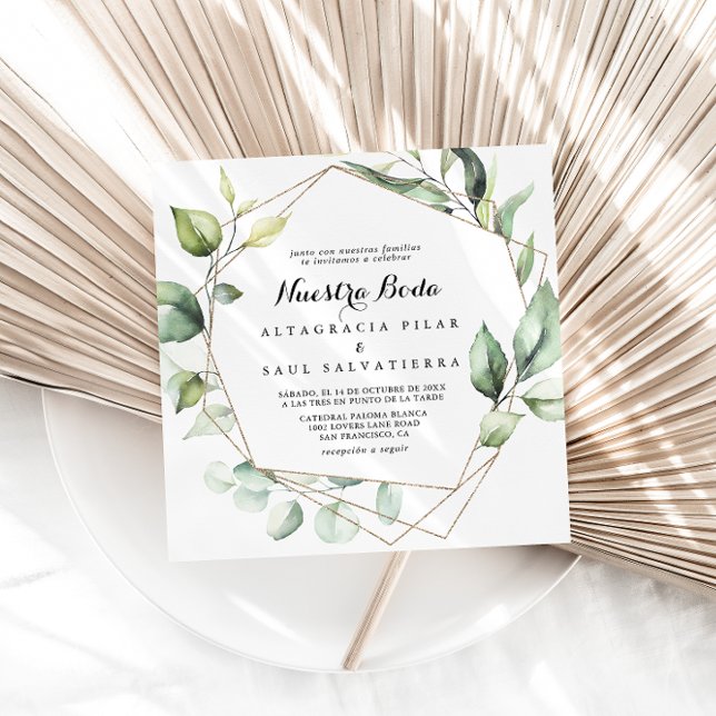 Geometric Elegant Gold Green Nuestra Boda Wedding Invitation (Creator Uploaded)