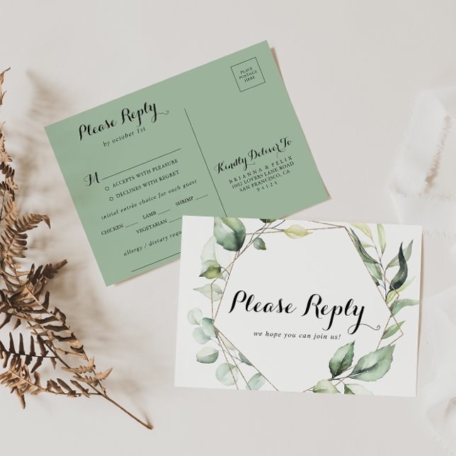 Geometric Elegant Gold Greenery Menu Choice RSVP Postcard (Creator Uploaded)