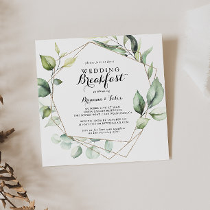 Geometric Elegant Gold Greenery Wedding Breakfast Invitation