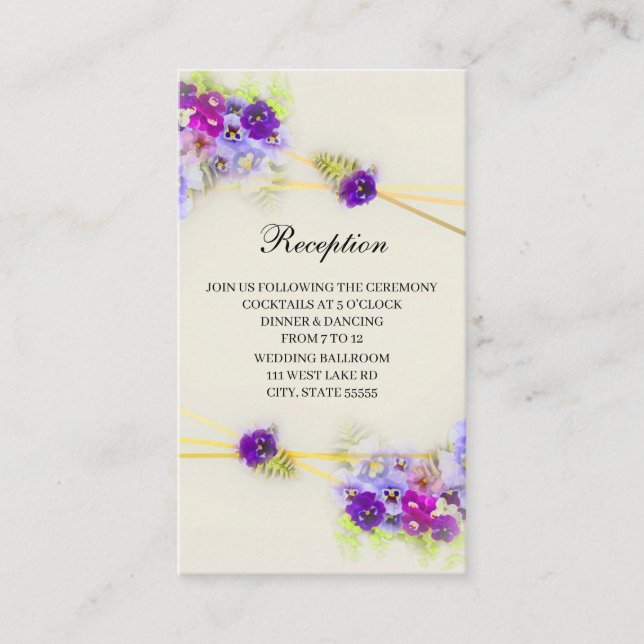 Geometric  Elegant Pansies Wedding Reception Enclosure Card (Front)