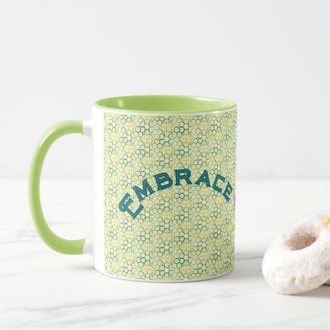 Geometric Embrace Uncertainty in Lime Green Mug (With Donut)