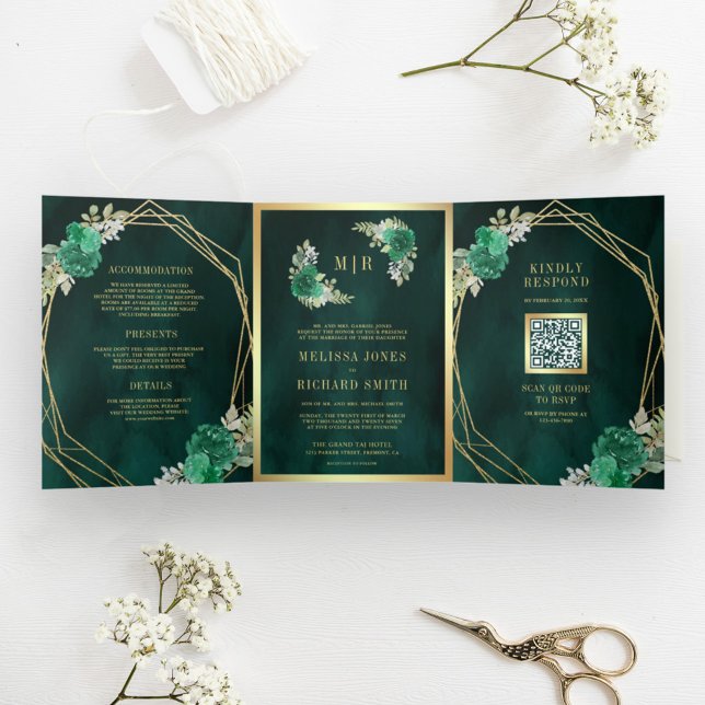 Geometric Emerald Green Floral QR Code Wedding Tri-Fold Invitation (Creator Uploaded)