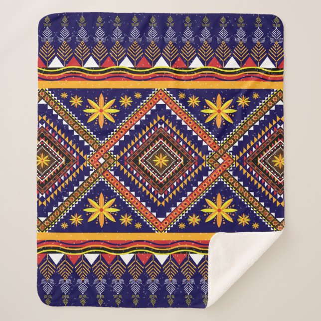 Geometric ethnic oriental ikat pattern traditional sherpa blanket (Front)