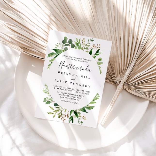 Geometric Eucalyptus Floral Nuestra Boda Wedding Invitation (Creator Uploaded)