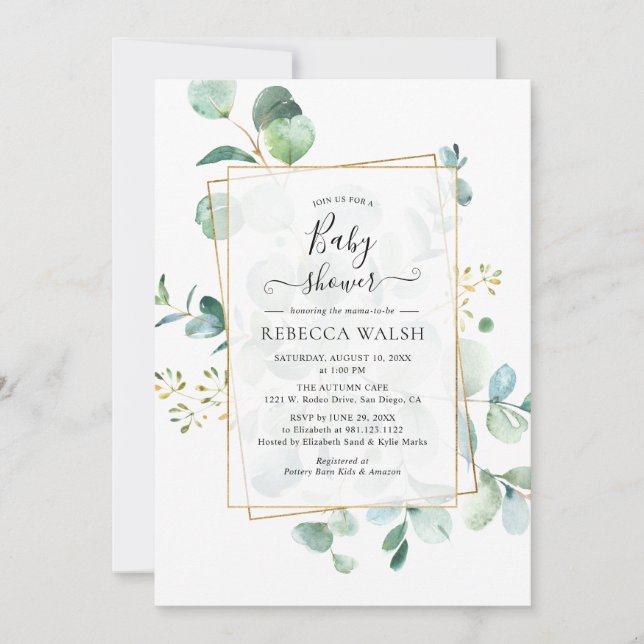 Geometric Eucalyptus Greenery Neutral Baby Shower Invitation (Front)