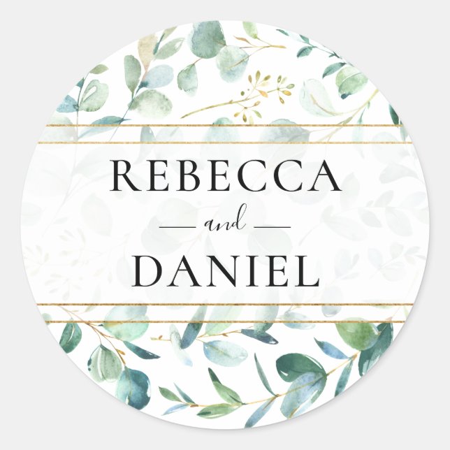 Geometric Eucalyptus Greenery Personalised Wedding Classic Round Sticker (Front)