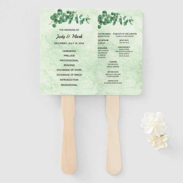 Geometric Eucalyptus Leaves Wedding Program Hand Fan (Front and Back)