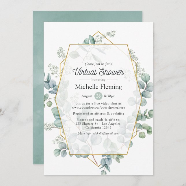 Geometric Eucalyptus Virtual Baby or Bridal Shower Invitation (Front/Back)
