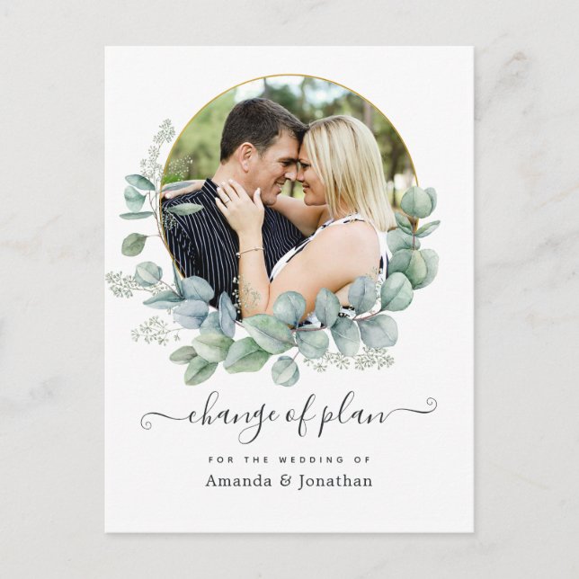 Geometric Eucalyptus Wedding Change of Plan Photo Postcard (Front)