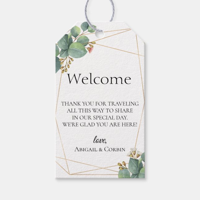 Geometric Eucalyptus Wedding Welcome Bag Gift Tags (Front)