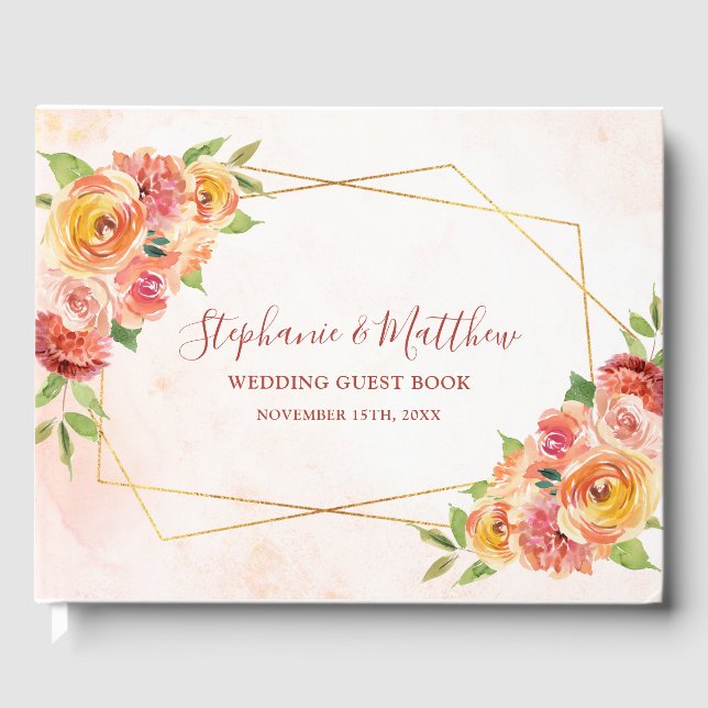 Geometric Fall Floral Watercolor Wedding Guest Book (Front)