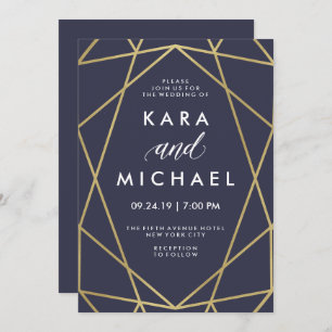 Geometric Faux Gold on Midnight Blue Wedding Invitation