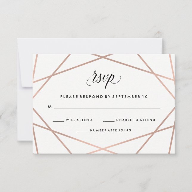 Geometric Faux Rose Gold and Black Wedding RSVP Card (Front)