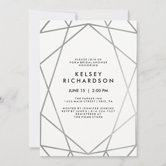 Geometric Faux Silver on White Bridal Shower Invitation (Front)