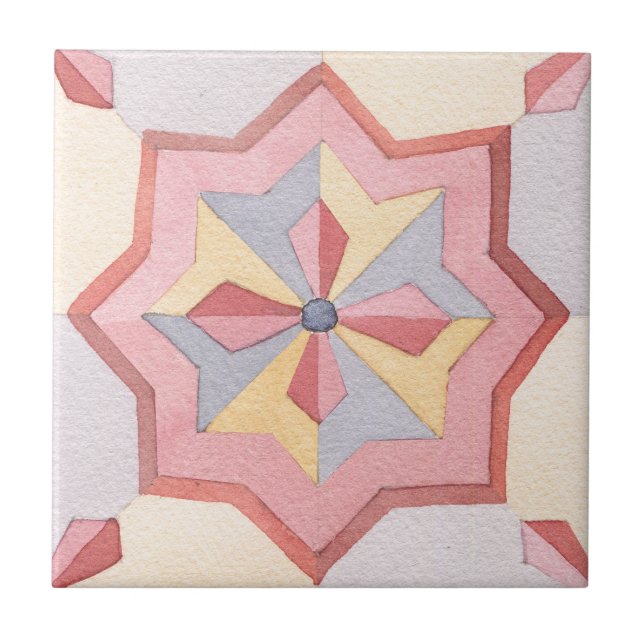 Geometric floral Artistic retro watercolor kitchen Tile (Front)