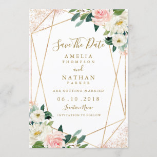 Geometric Floral Blush Gold Wedding Save The Date Invitation