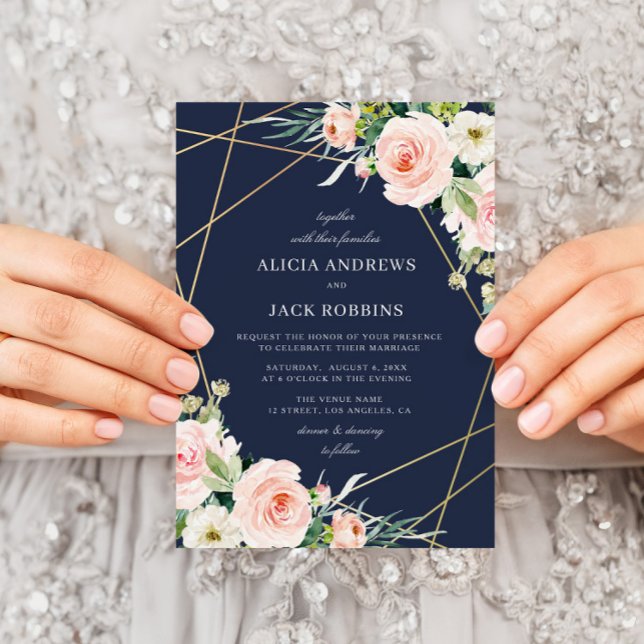 geometric floral blush & navy blue wedding invitation (Creator Uploaded)