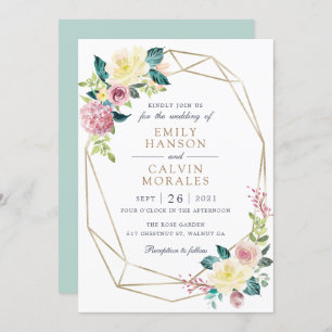 Geometric Floral Blush Yellow Greenery Gold Frame Invitation