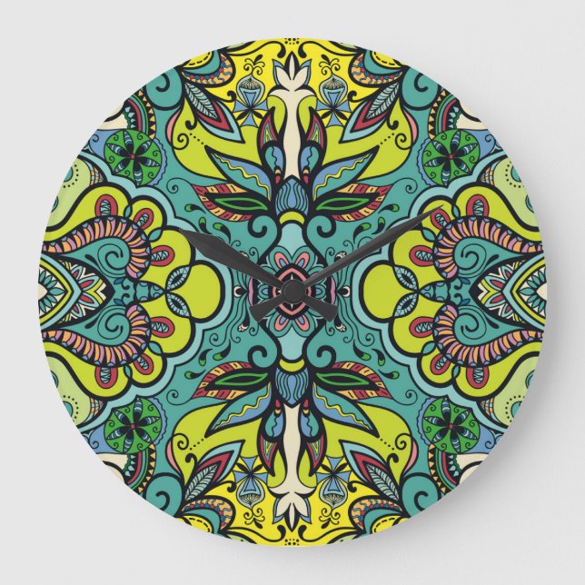 Geometric floral, colourful abstract seamless text large clock (Front)