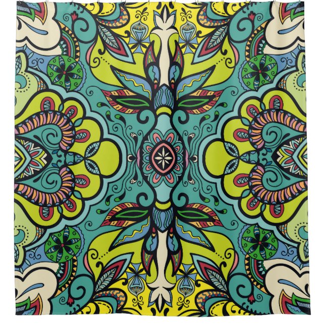 Geometric floral, colourful abstract seamless text shower curtain (Front)