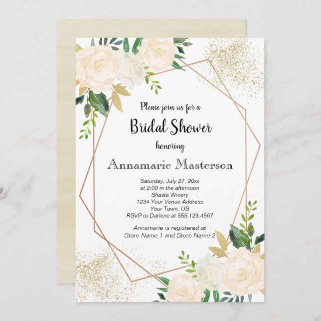 Geometric Floral Cream White Roses Bridal Shower | Invitation (Front/Back)