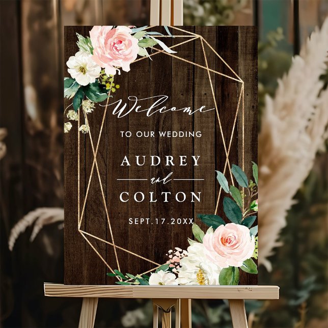 Geometric Floral Faux Wood Wedding Welcome Sign (Creator Uploaded)