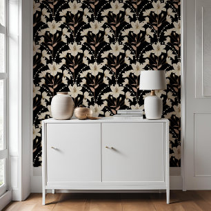 Geometric Floral Flower Black Beige Lily Pattern Wallpaper