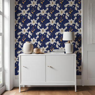Geometric Floral Flower Blue Beige Lily Pattern   Wallpaper