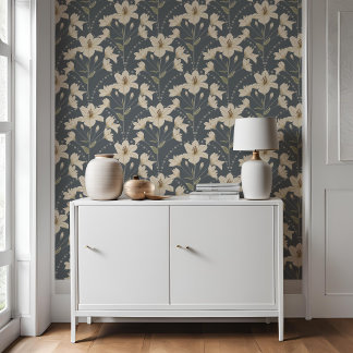 Geometric Floral Flower Blue Grey Lily Pattern Wallpaper