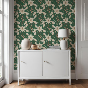 Geometric Floral Flower Green Beige Lily Pattern Wallpaper