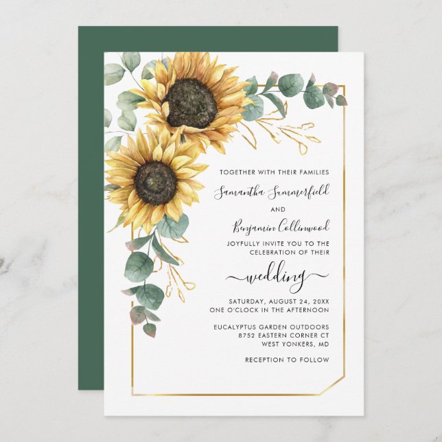 Geometric Floral Greenery Sunflower Wedding Invitation (Front/Back)