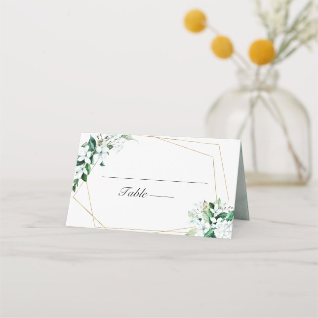 Geometric Floral Greenery Wedding Place Card (Front)
