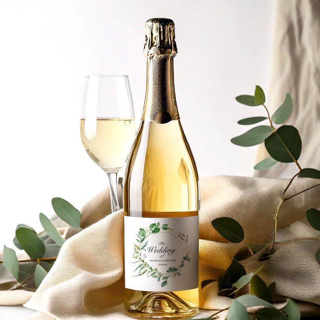 Geometric Floral Greenery Wreath Wedding Sparkling Wine Label (Creator Uploaded)