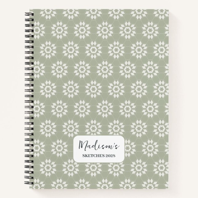 Geometric Floral in Sage Green Personalised Notebook (Front)