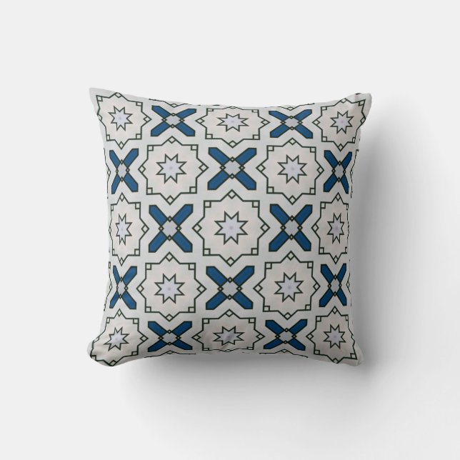Geometric Floral Pattern In White Black And Blue Cushion (Front)