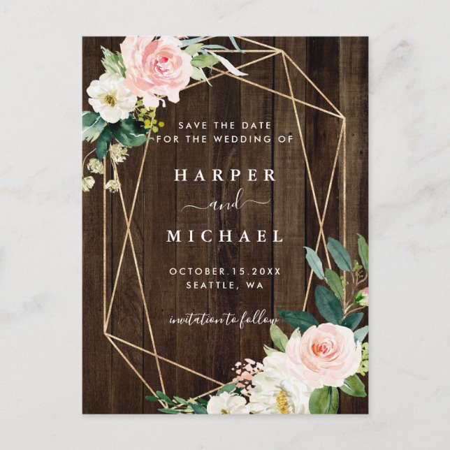 Geometric Floral Rustic Wood Photo Save the Date Postcard (Front)