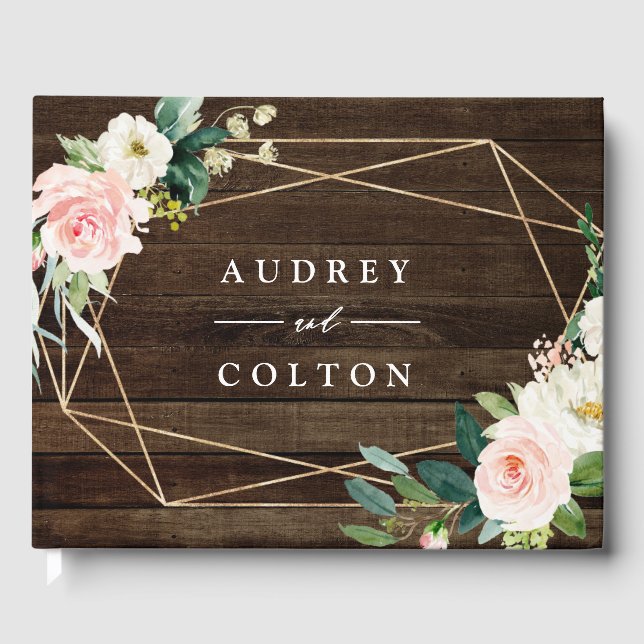 Geometric Floral Rustic Wood Wedding Guest Book (Front)