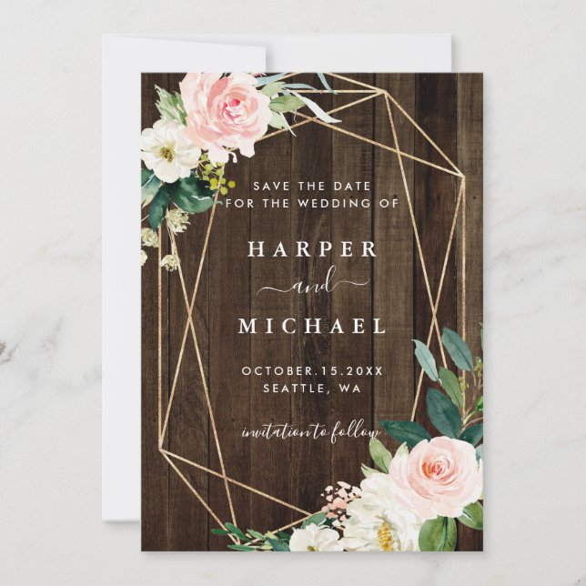 Geometric Floral Rustic Wood Wedding Photo Save The Date (Front)