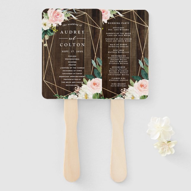Geometric Floral Rustic Wood Wedding program Hand Fan (Front and Back)