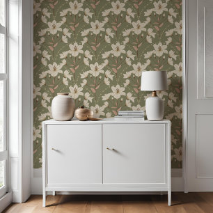 Geometric Floral Sage Green Beige Lily Pattern   Wallpaper