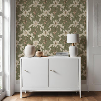 Geometric Floral Sage Green Beige Lily Pattern Wallpaper