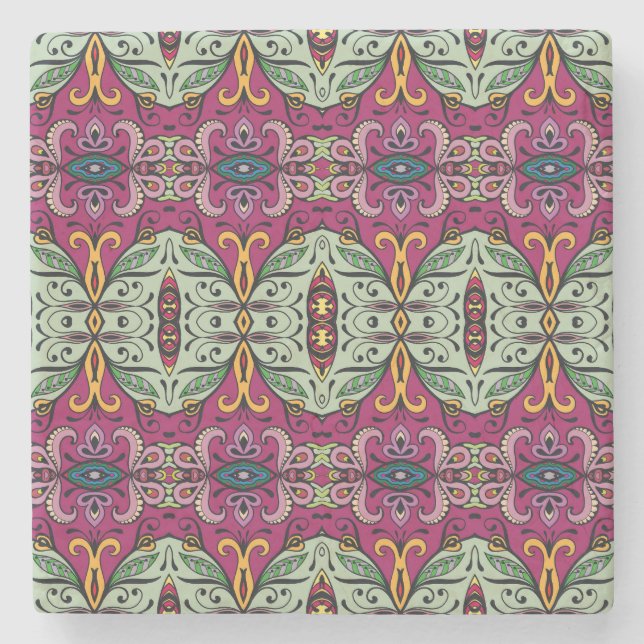 Geometric Floral Tribal Ethnic Doodle Stone Coaster (Front)