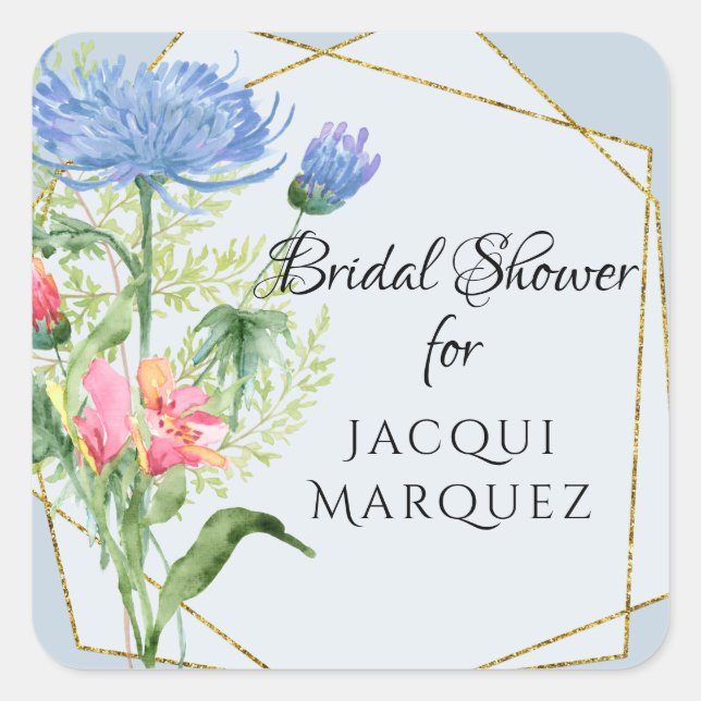 Geometric Floral Watercolor Pink Bridal Shower Square Sticker (Front)