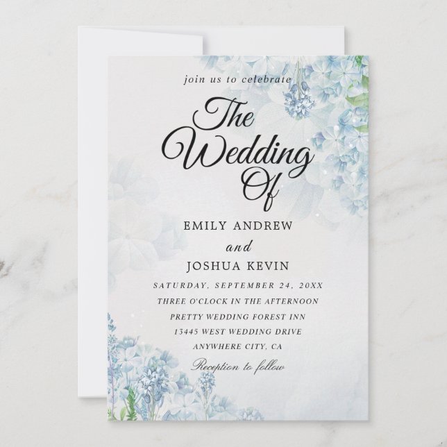 Geometric floral wedding card with blue flower (Front)